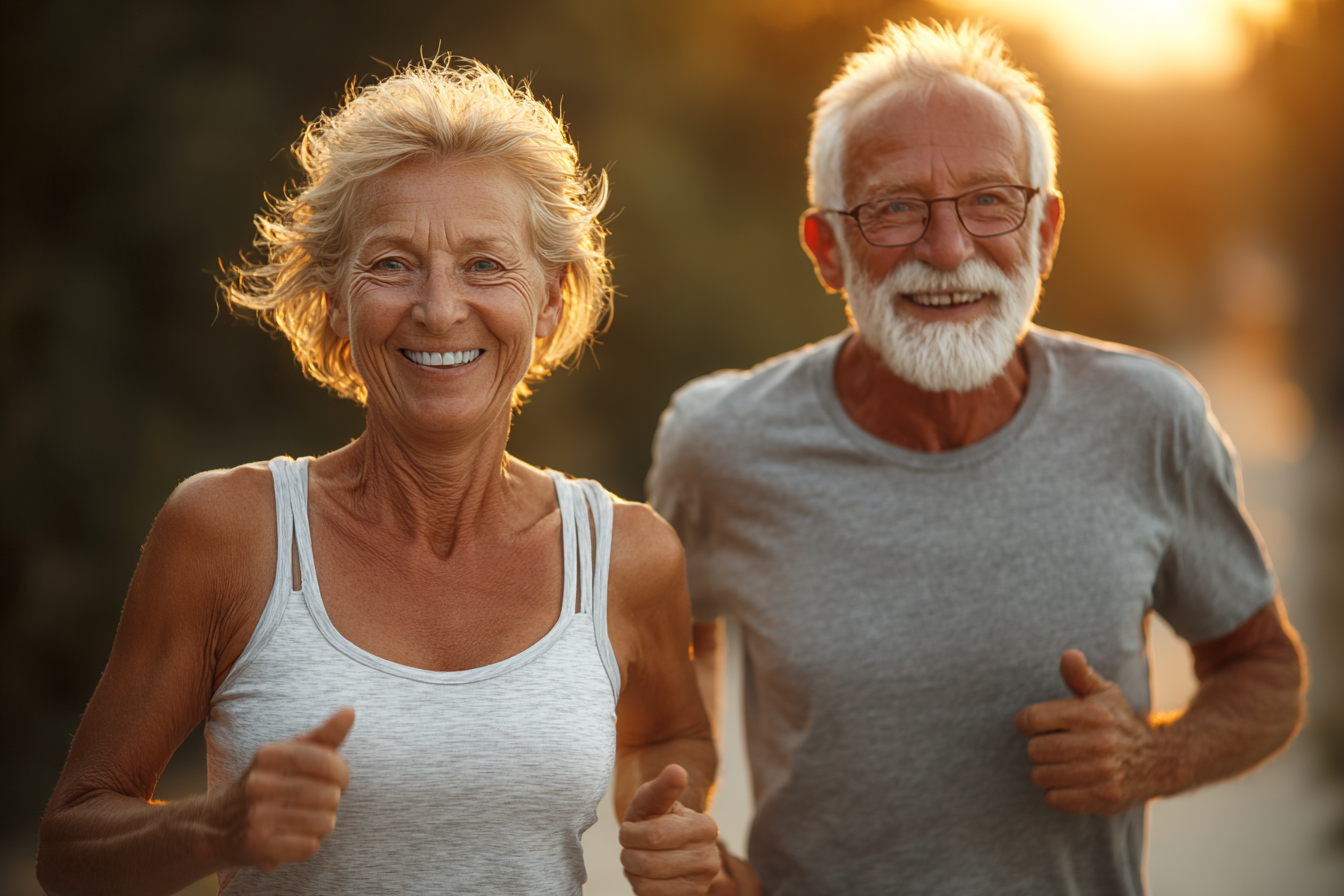 Adulta mayor sonriente practicando ejercicios de respiración en un entorno natural y tranquilo